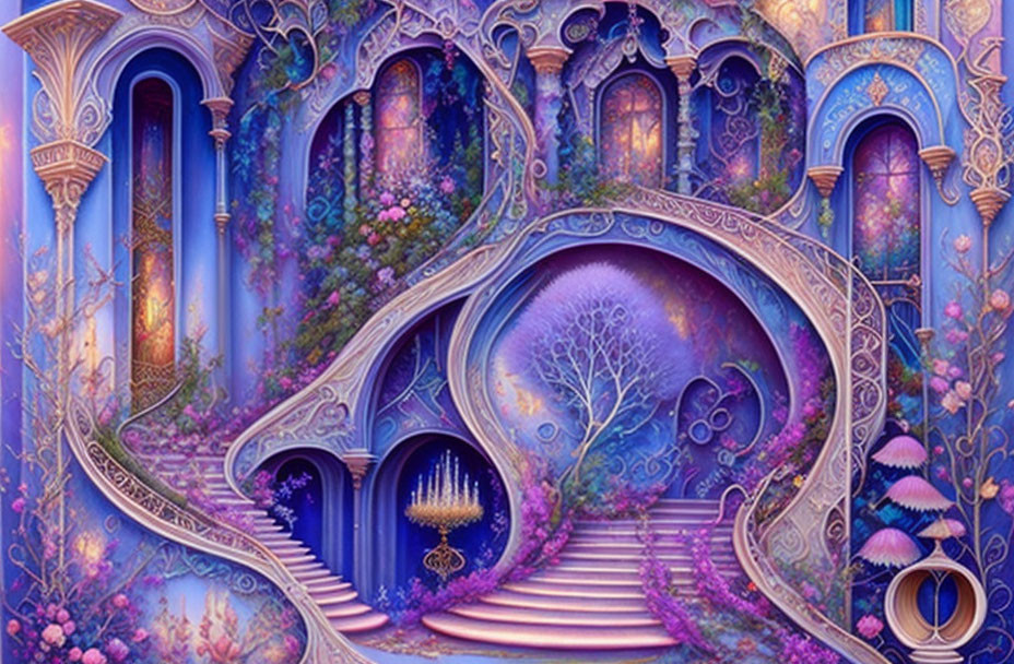 Fantastical purple and blue castle with grand staircase and magical trees