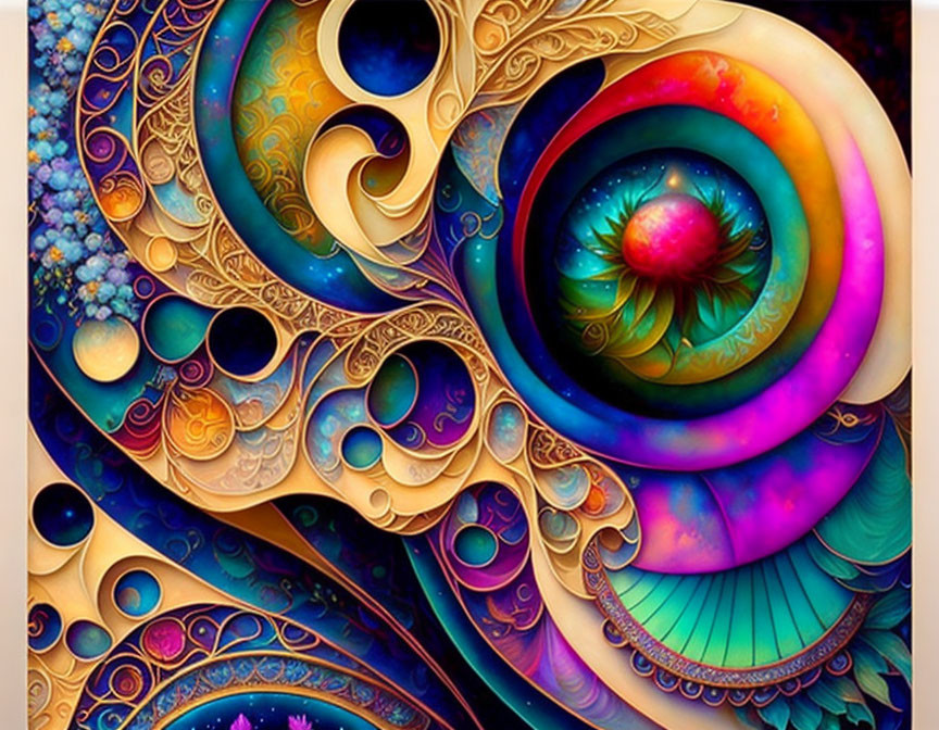 Vivid Abstract Image with Swirling Patterns in Rich Blues, Purples, and Golds