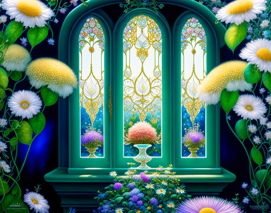 Illustration of ornate stained glass window with oversized flowers under night sky