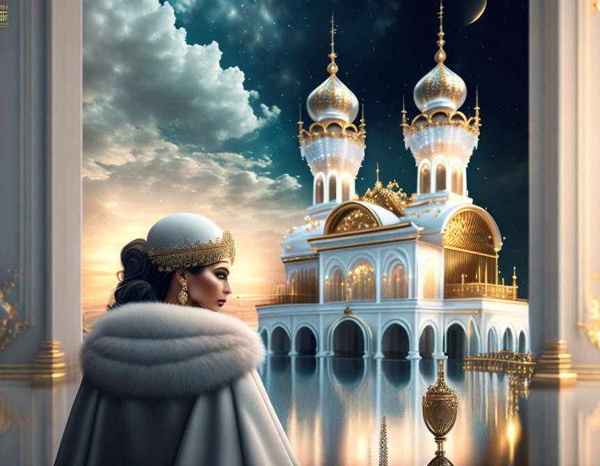 Woman in fur coat and headdress admires fantasy palace with golden domes at twilight reflected in water