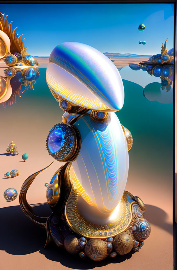 Surrealistic White and Blue Pearlescent Structure with Golden Accents in Desert Landscape