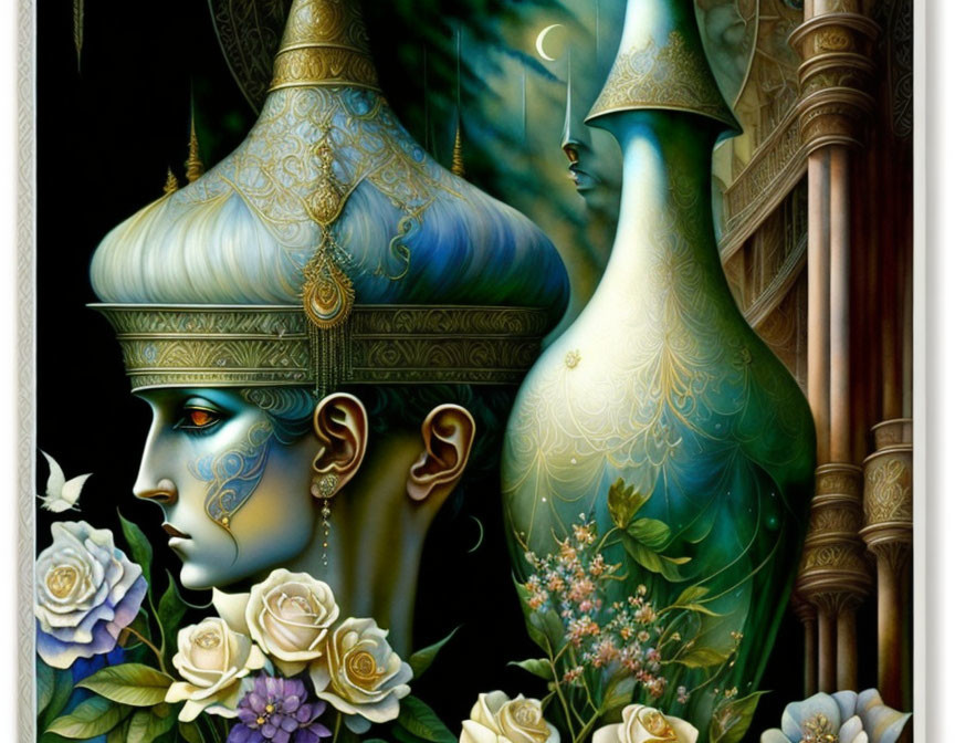 Detailed profile of regal figure with peacock headdress, roses, and architectural elements