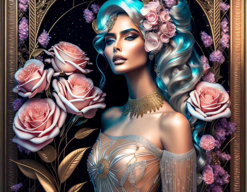 Illustrated woman with blue hair, flowers, roses, golden jewelry, intricate armor in ornate frame