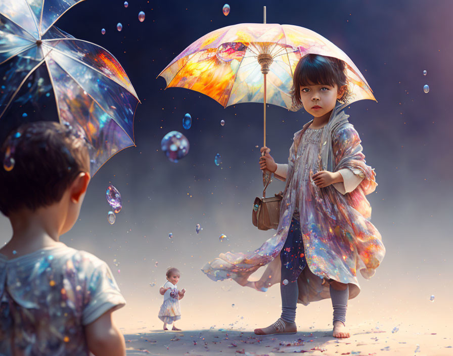 Child with colorful umbrella in dreamy setting surrounded by bubbles