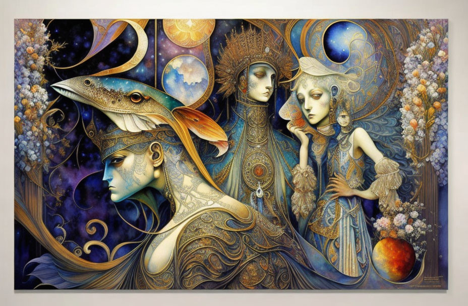 Intricate celestial-themed painting with human figures and cosmic fish