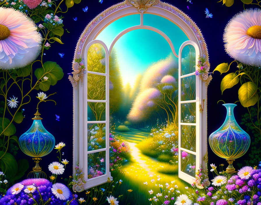 Ornate window overlooking fantastical garden at night