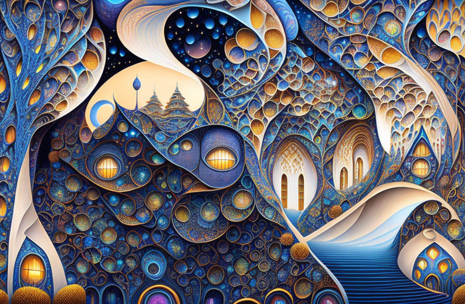 Colorful Fractal-Like Artwork: Architectural, Swirling Patterns & Cosmic Motifs