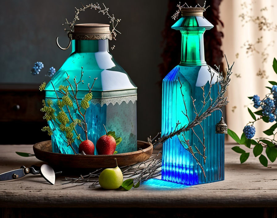 Ornate blue glass bottles with berries on wooden table