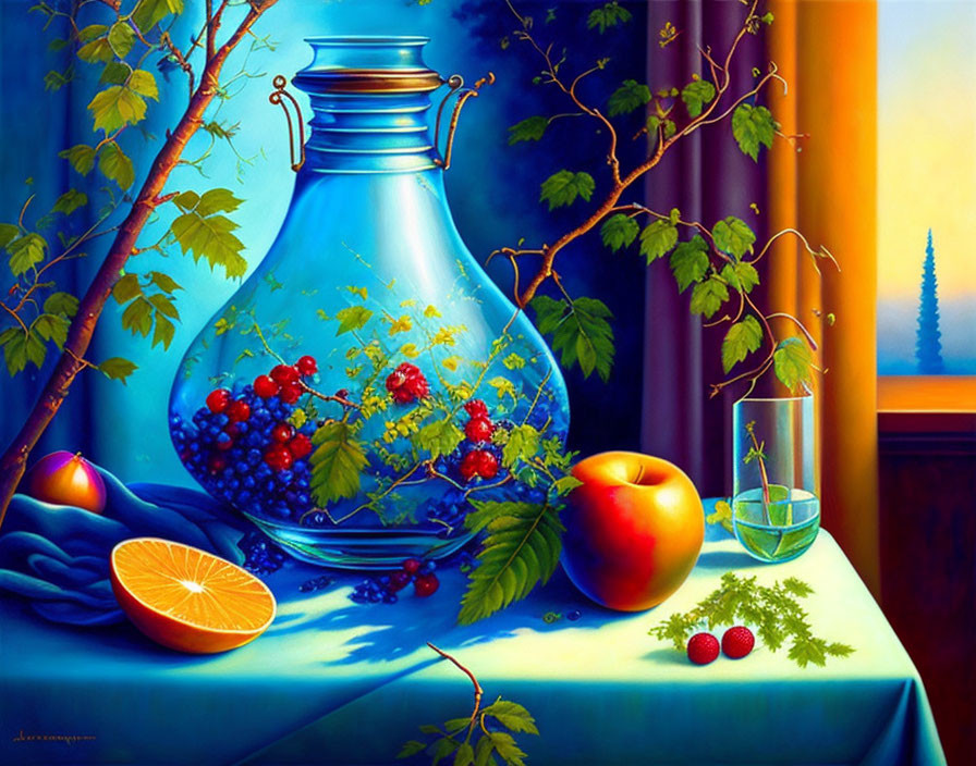 Colorful still life painting with blue vase, fruits, glass of water, and vines on table