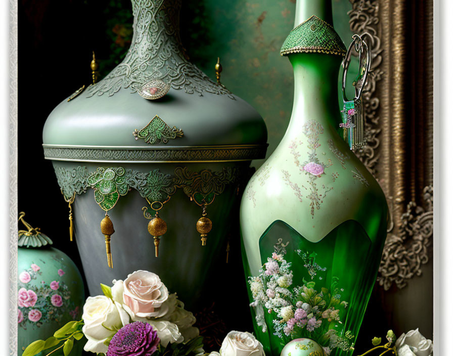 Decorative vases with floral motifs and gold detailing next to flower bouquet.