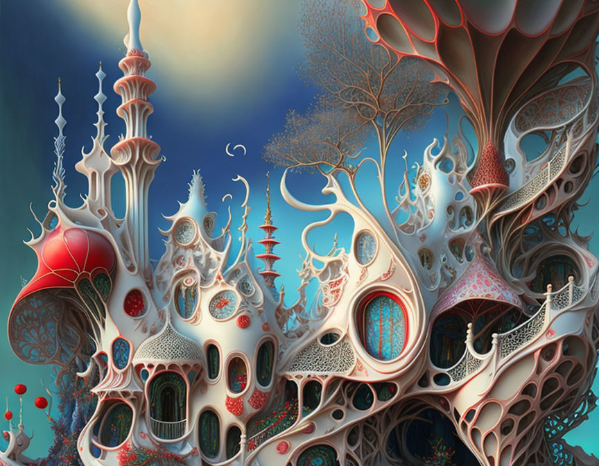 Colorful surrealistic fantasy landscape with whimsical towers and organic structures.