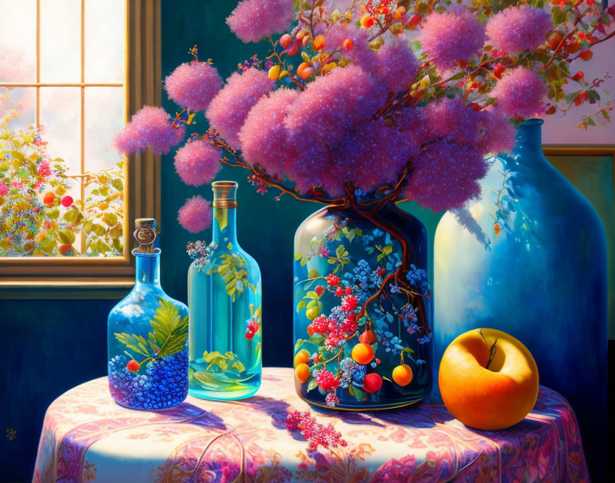 Vibrant pink blossoms, blue vase, blueberries, apple, flowers, sunlight scene