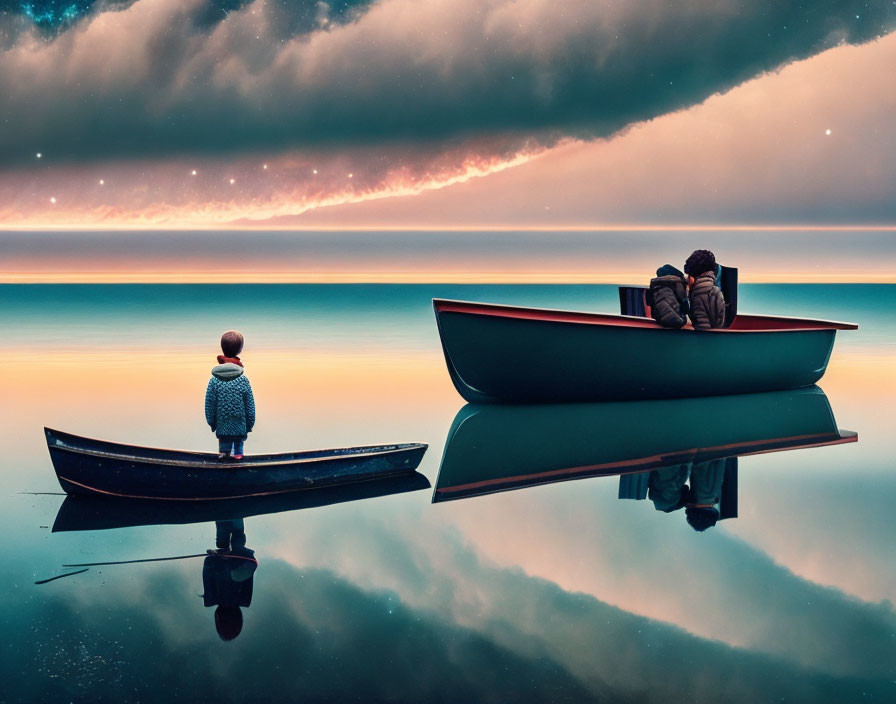 Tranquil image of two boats on calm water with couple and child under dramatic sky