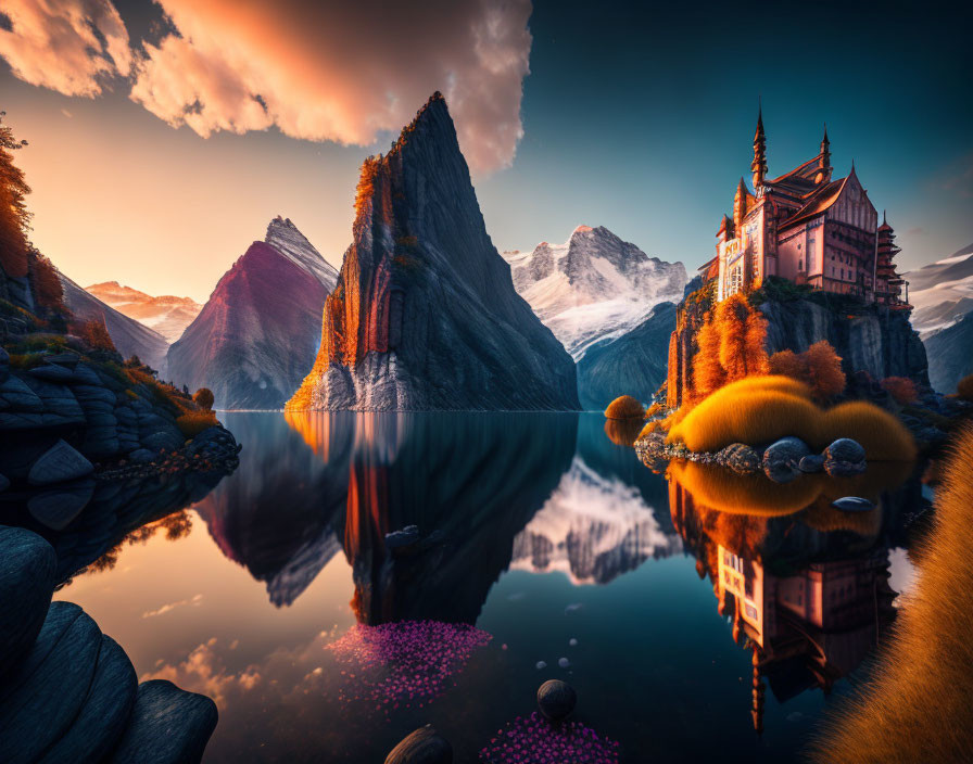 Traditional temple on cliff with mountains, foliage, and lake at sunset