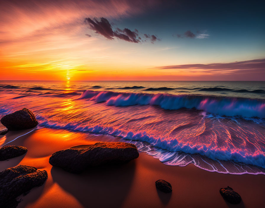 Scenic beach sunset with radiant waves and dark rocks