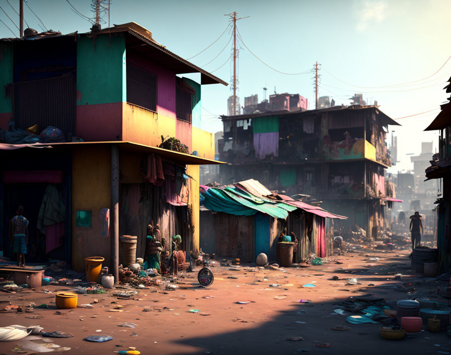 Urban street scene with colorful, rundown buildings and littered pavement