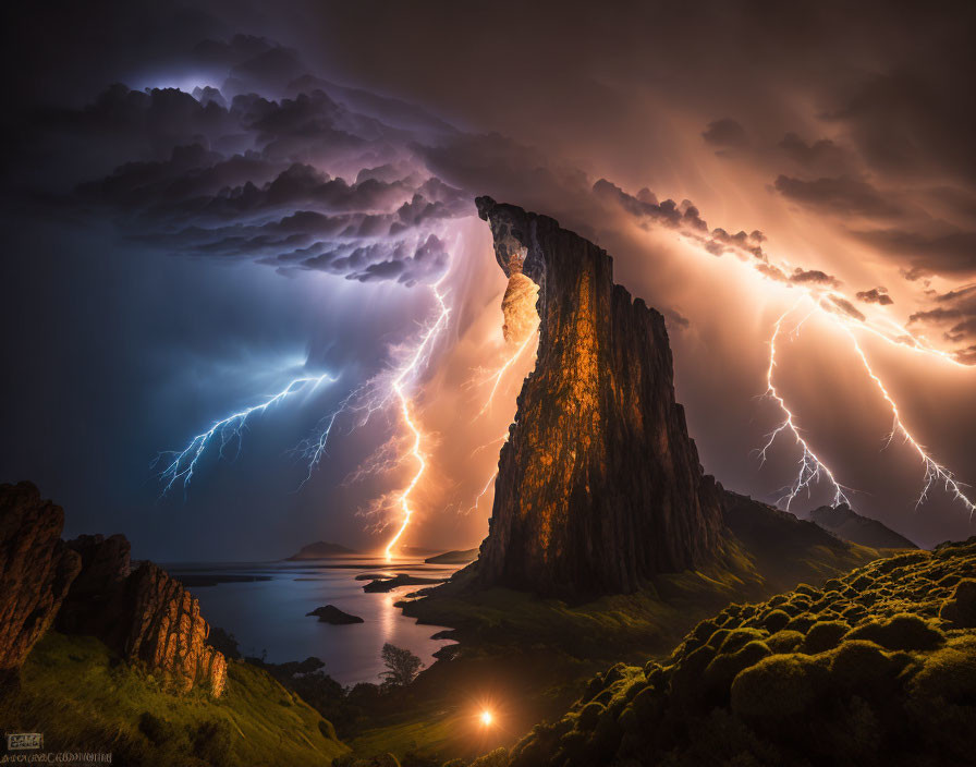 Stormy sky over towering cliff with lightning bolts and warm glow.