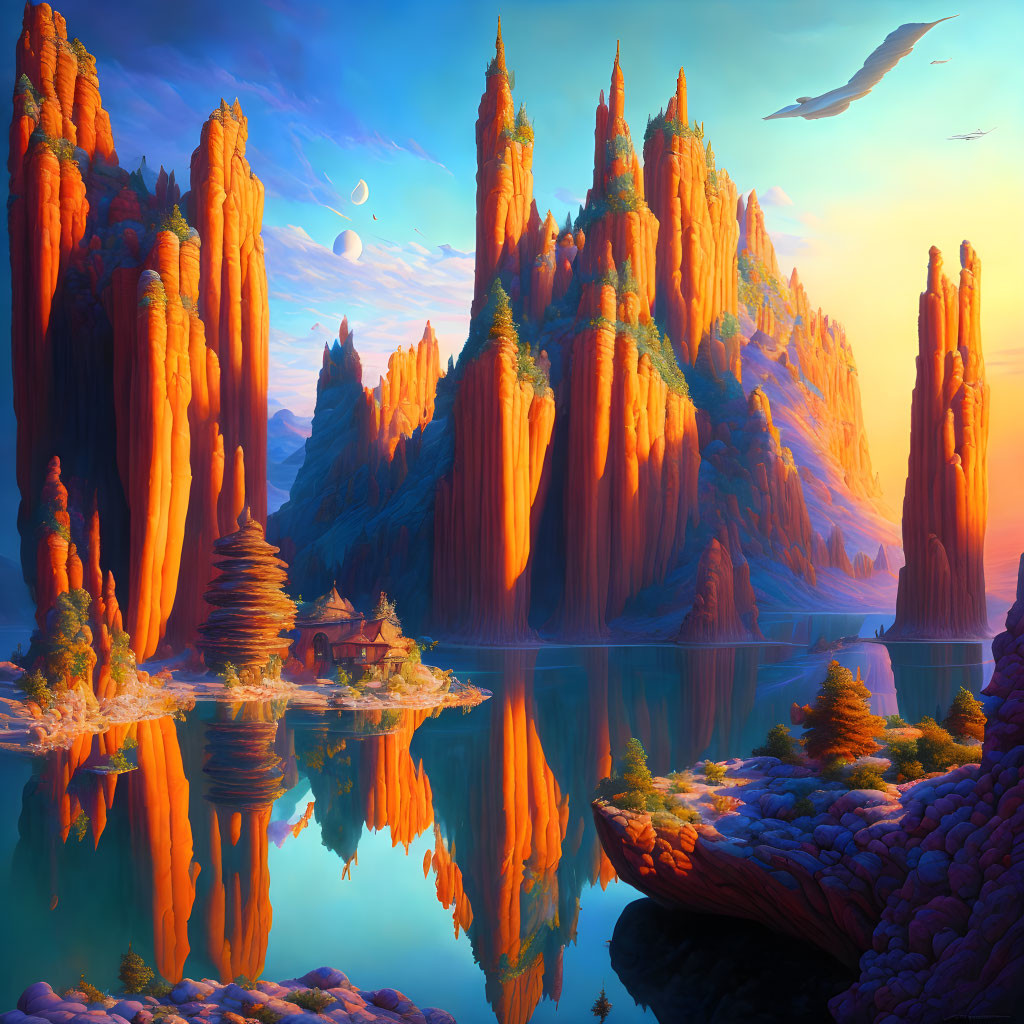 Vibrant fantasy landscape with orange rock formations, serene lake, traditional pavilion, bird flying at