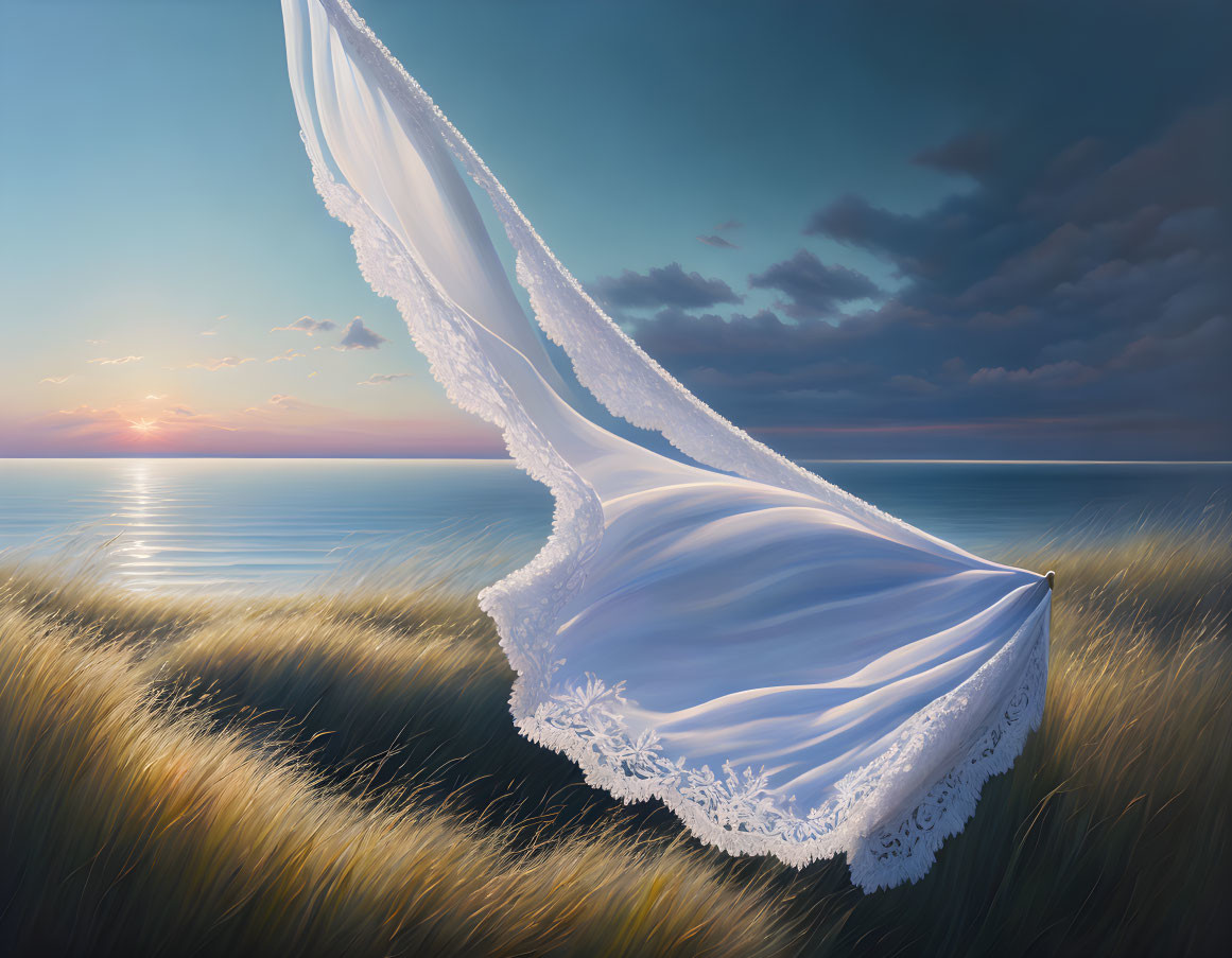 White bridal veil caught on beach grass in the wind at sunset