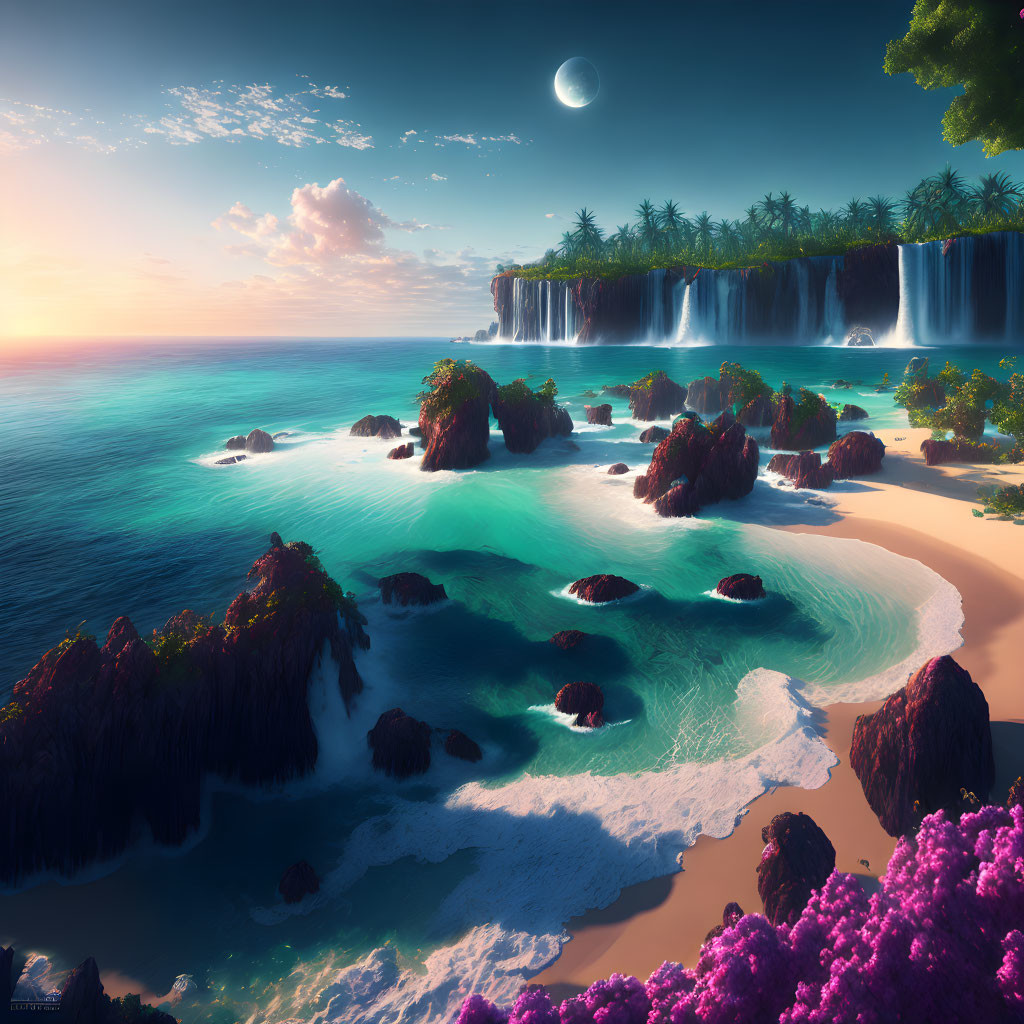 Tropical Beach with Waterfalls, Lush Vegetation, and Crescent Moon at Twilight