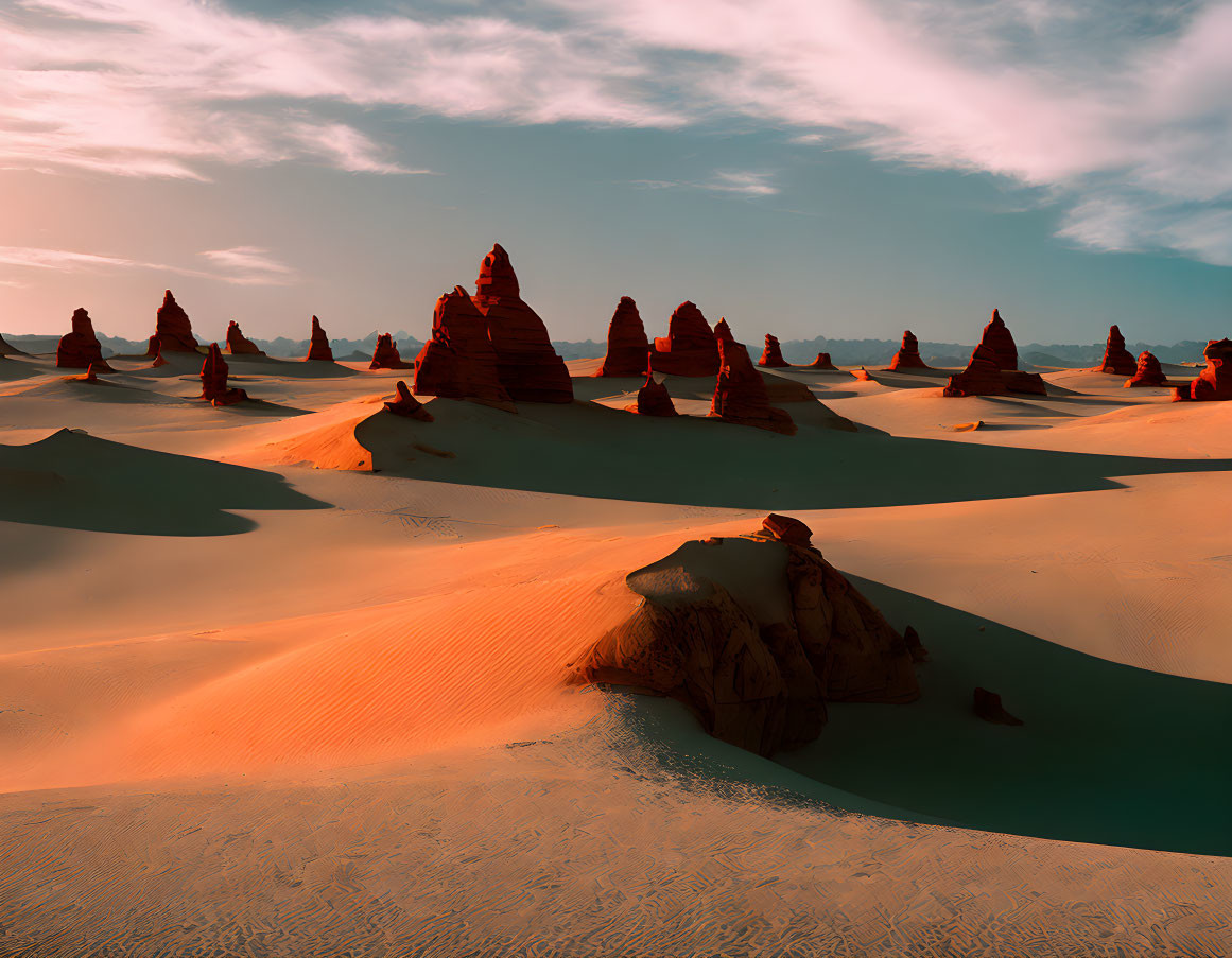 Desert landscape with sand dunes and rock formations at sunset