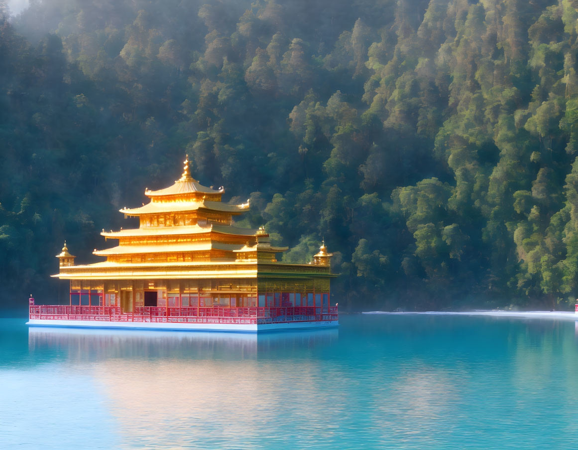 Traditional Asian Pagoda Floating on Turquoise Lake with Mist and Green Hills