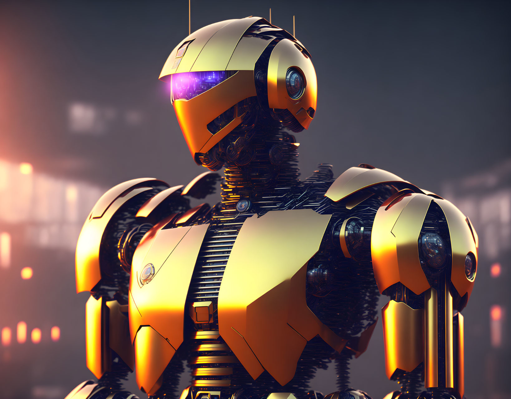 Sleek yellow and white futuristic robot with glowing purple visor