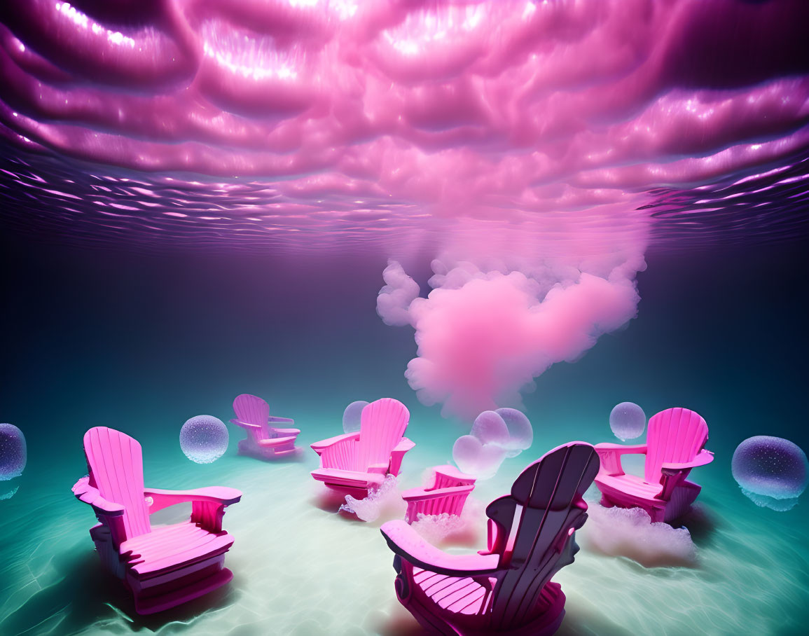 Vibrant pink clouds and chairs in surreal underwater scene