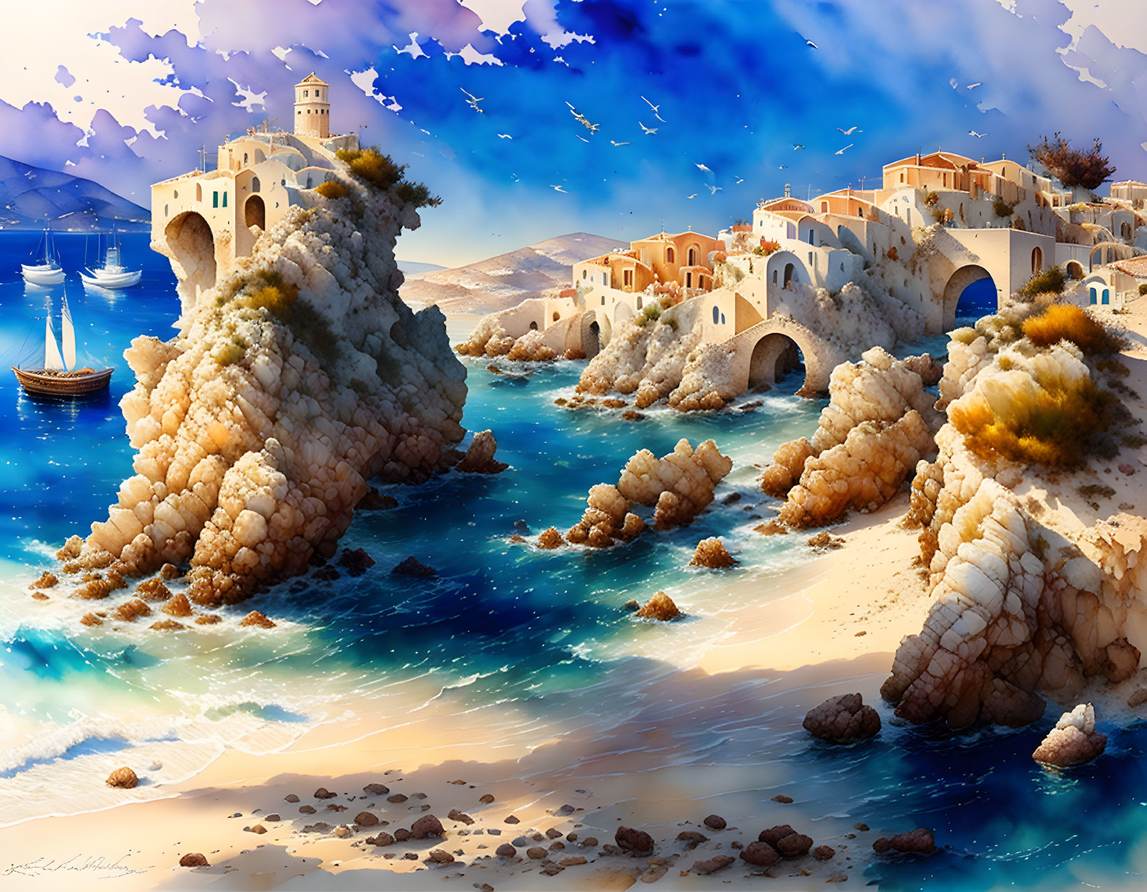 Vivid coastal scene: blue waters, rocky shores, white buildings, arches, boats, l