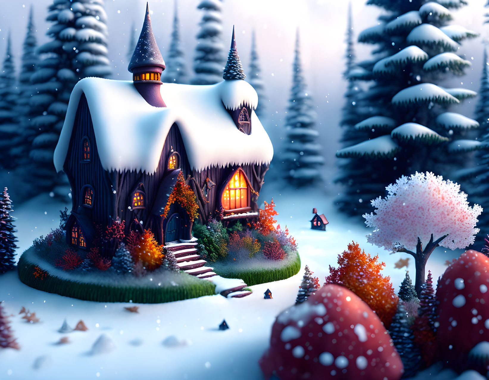 Snow-covered cottage in whimsical winter scene with twilight sky