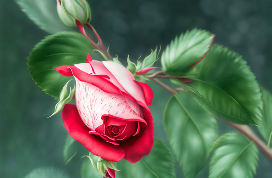 Vibrant red rose with white speckles among green leaves and buds on blurred backdrop