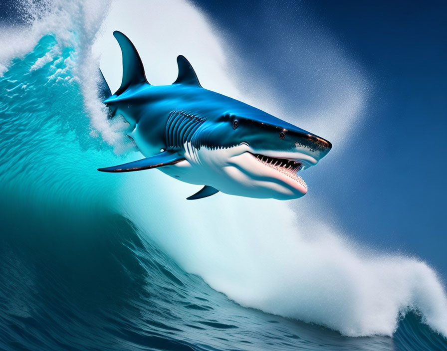 Realistic Blue and White Shark Leaping from Ocean Wave