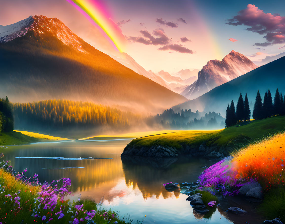 Scenic landscape: rainbow over lake, mountains, trees, wildflowers at sunrise