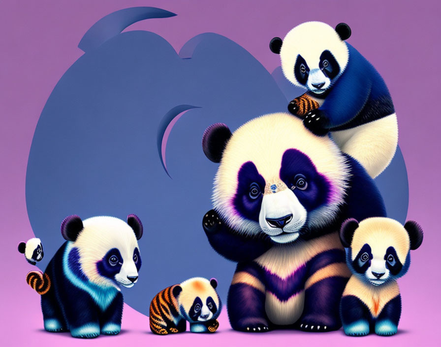 Six stylized pandas with crescent moon in various poses on purple background