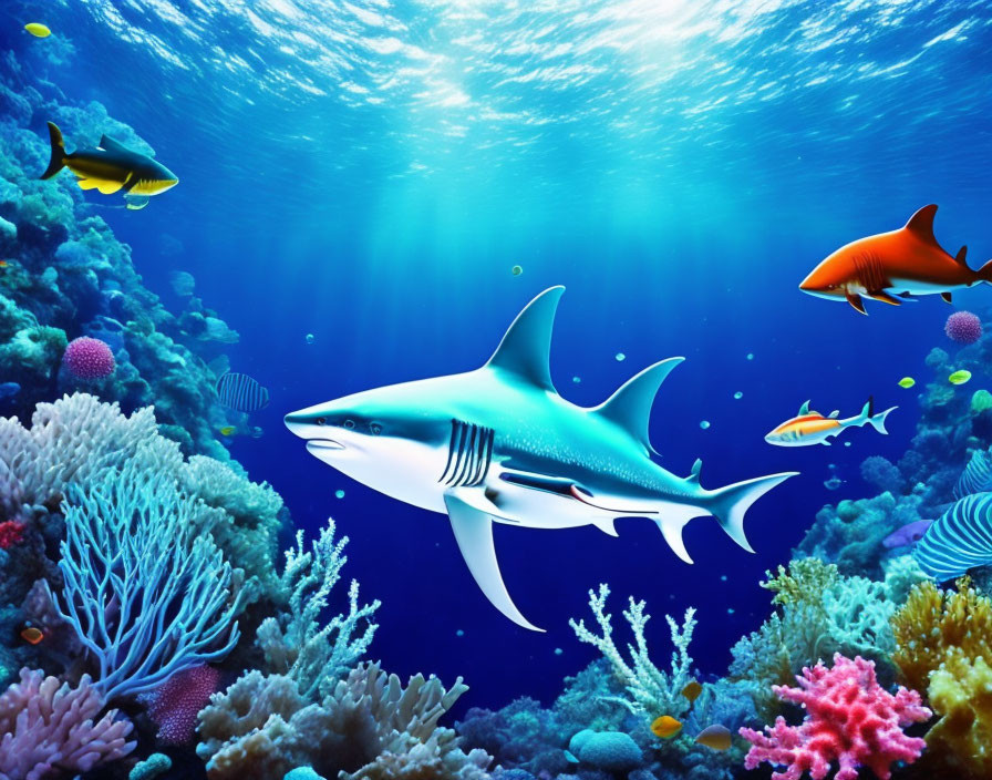 Colorful Underwater Scene with Shark, Corals, and Fish