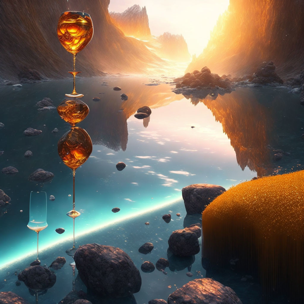 Surreal landscape with floating goblets in amber hue, tranquil water, glowing rock formations at sunset