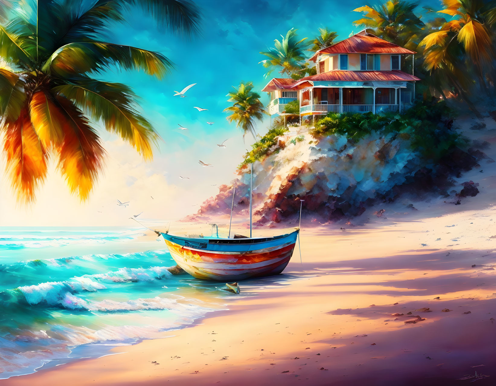 Colorful boat, palm trees, cliff-side house on beach with seagulls at sunset