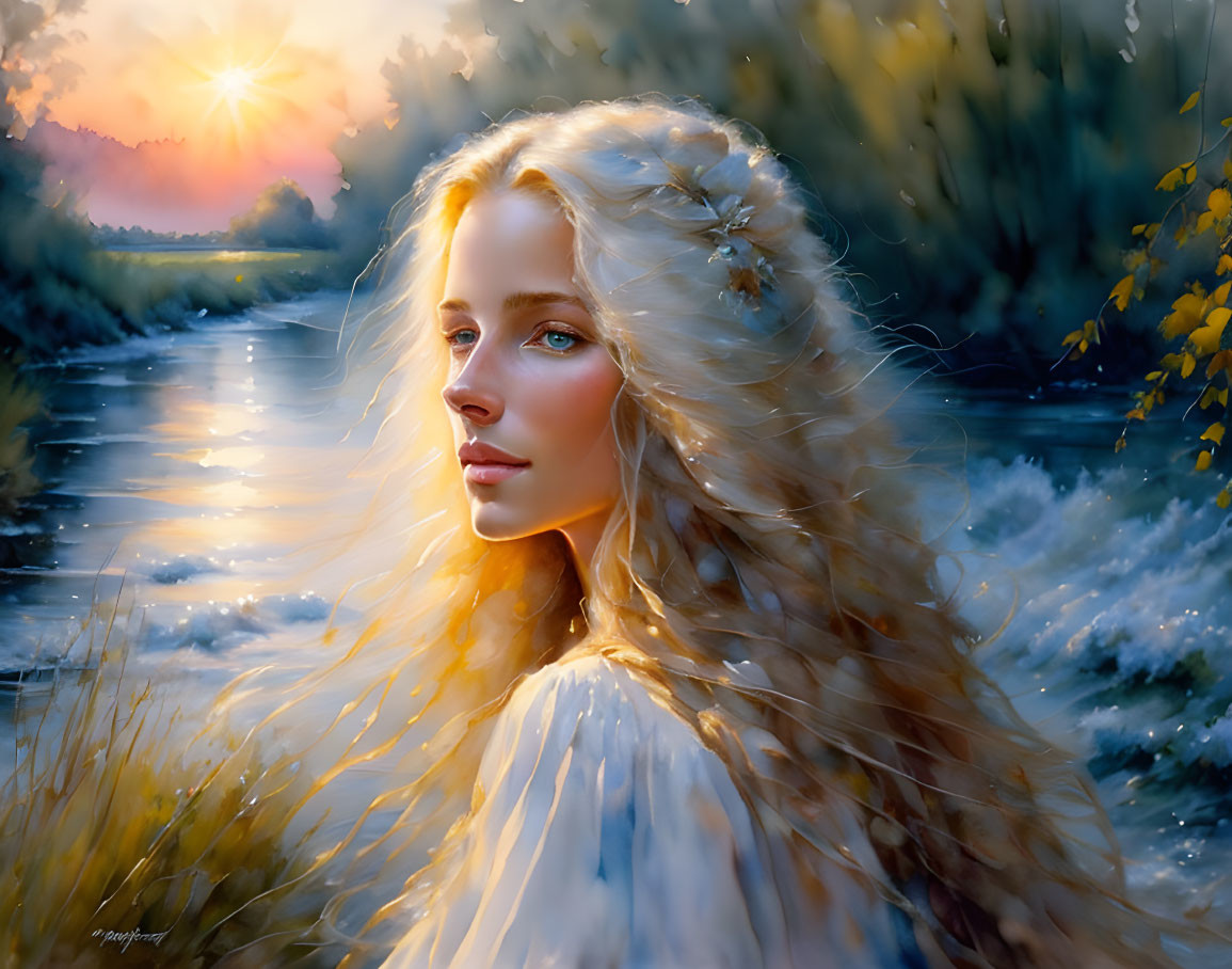 Blonde woman in white dress by sunlit brook