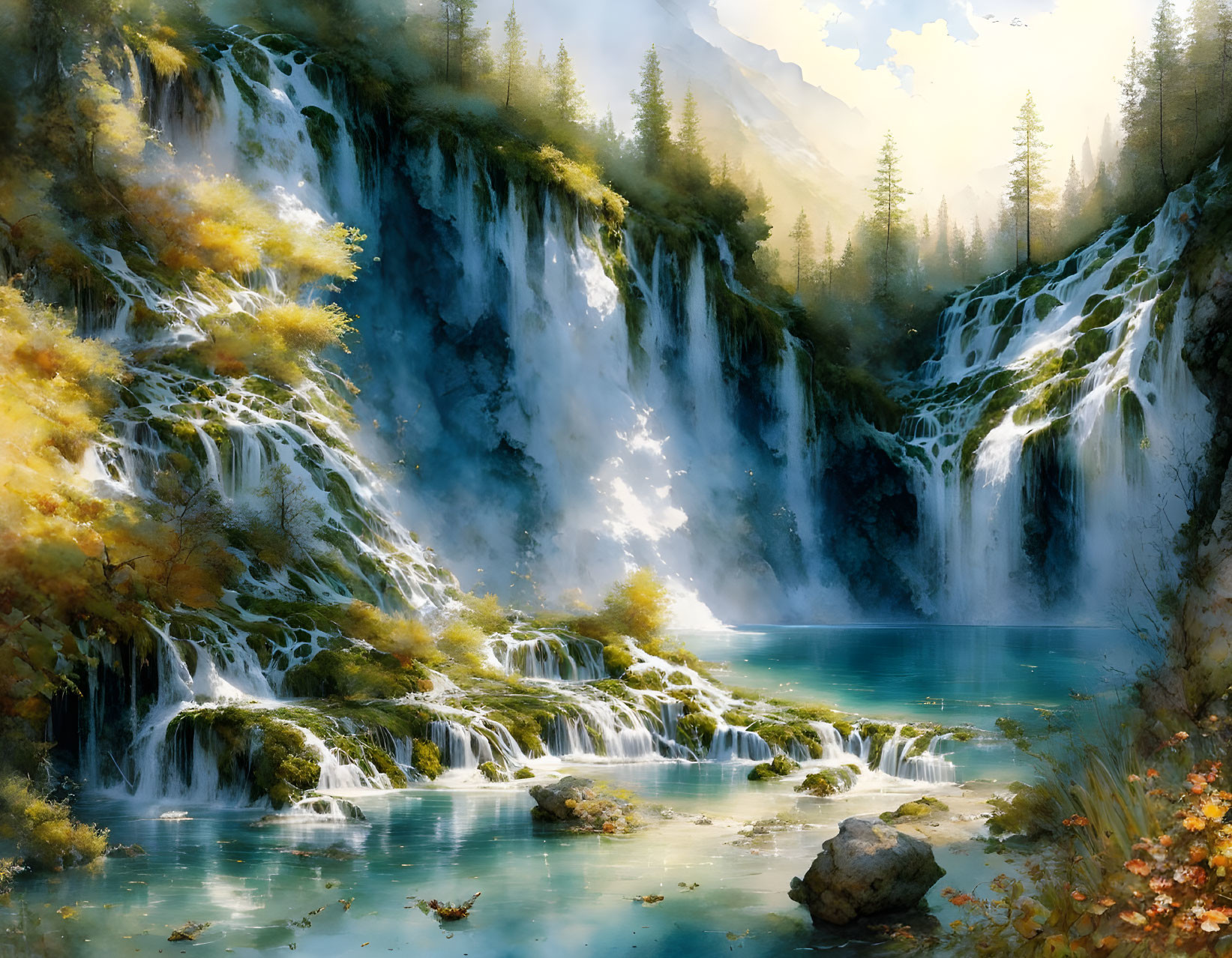 Tranquil landscape with cascading waterfalls, autumn trees, and turquoise lake