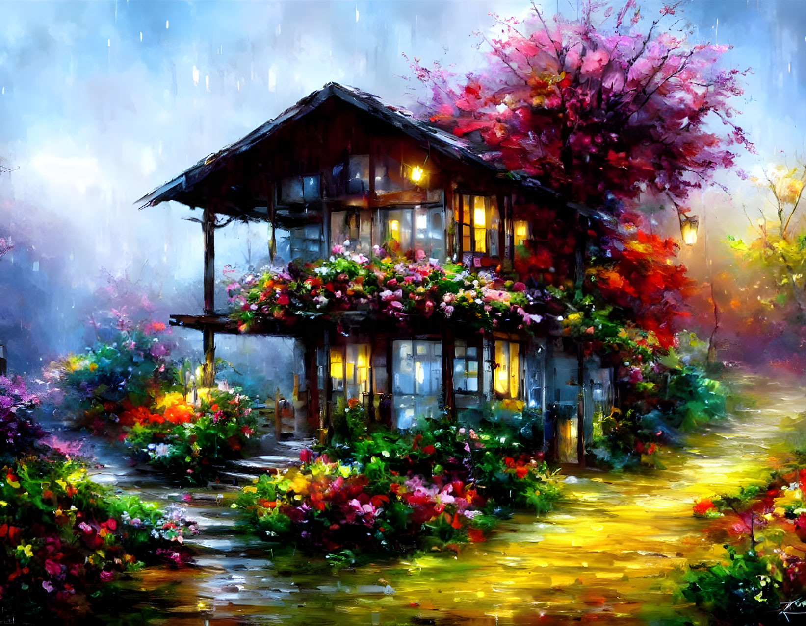 Colorful painting of cottage in lush garden under rain-kissed sky