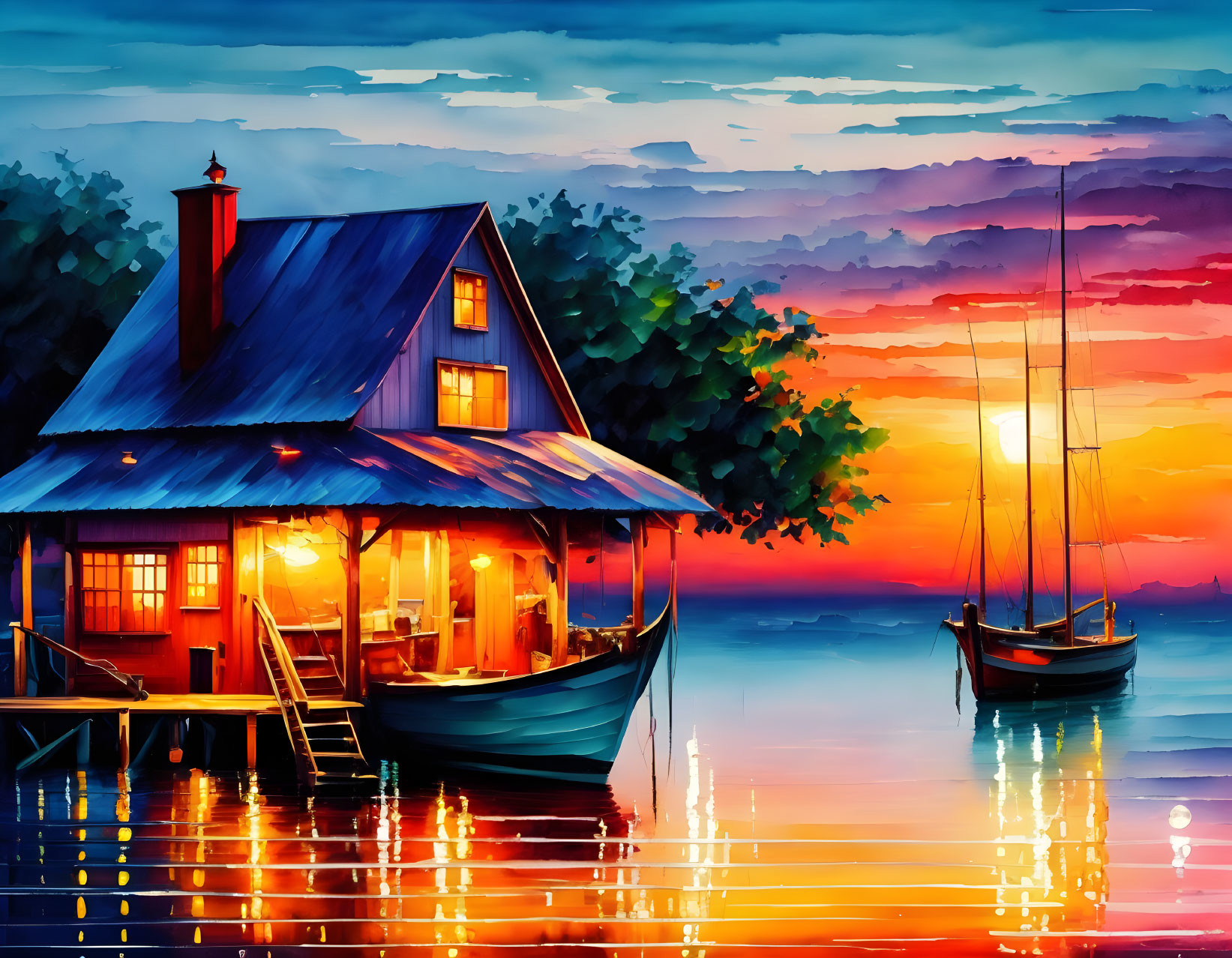 Sunset waterside house illustration with blue roof and sailboat reflection