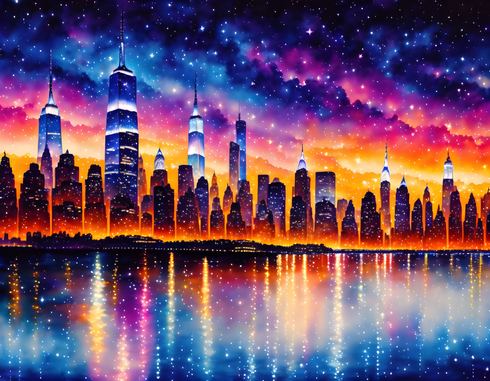 Colorful Cosmic City Skyline Reflection Under Starry Galaxy Sky