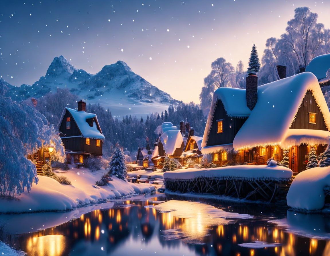 Winter village scene: snow-covered houses, river, twilight sky, falling snowflakes, mountain backdrop