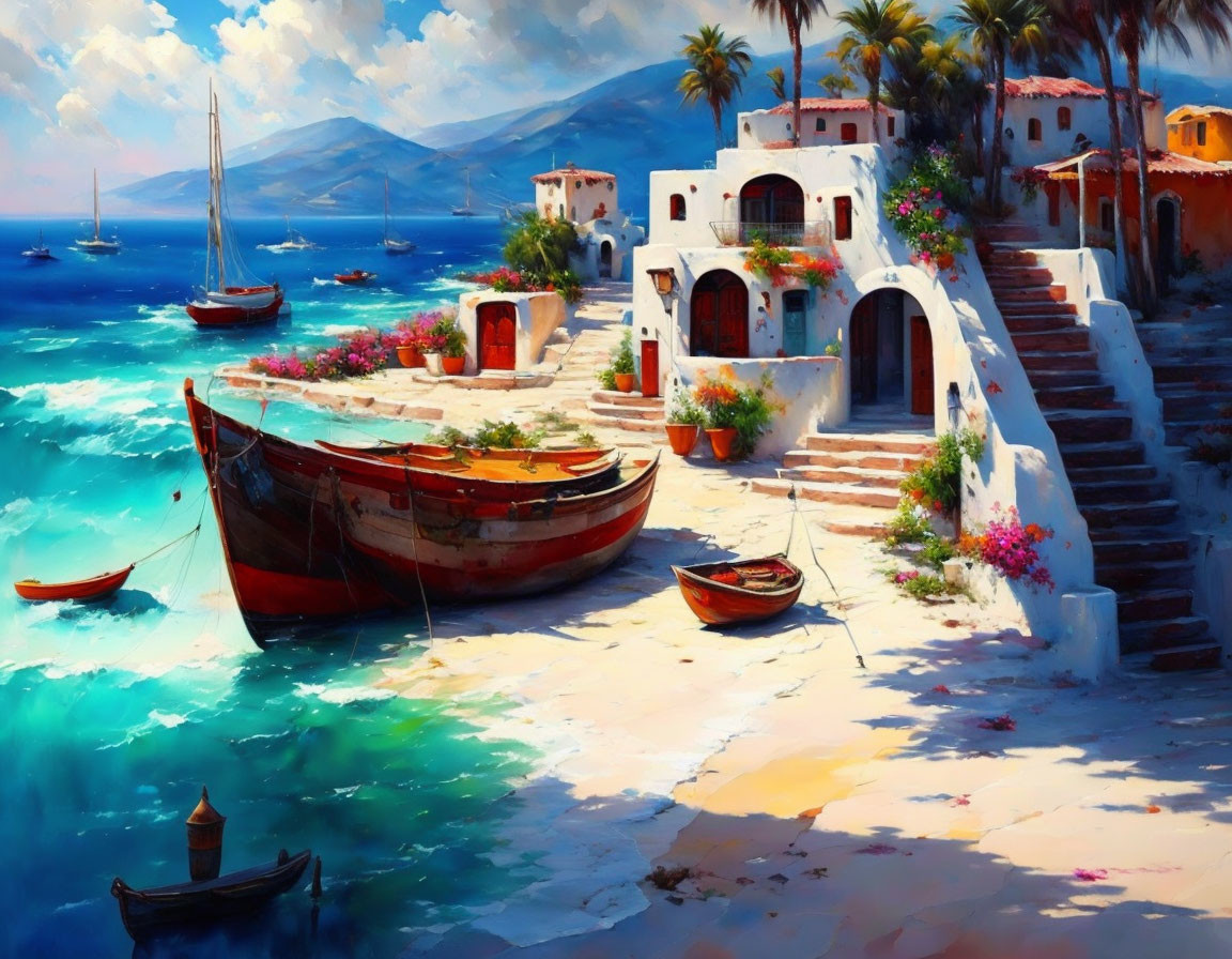 Colorful Coastal Scene with Buildings, Boats, and Flowers