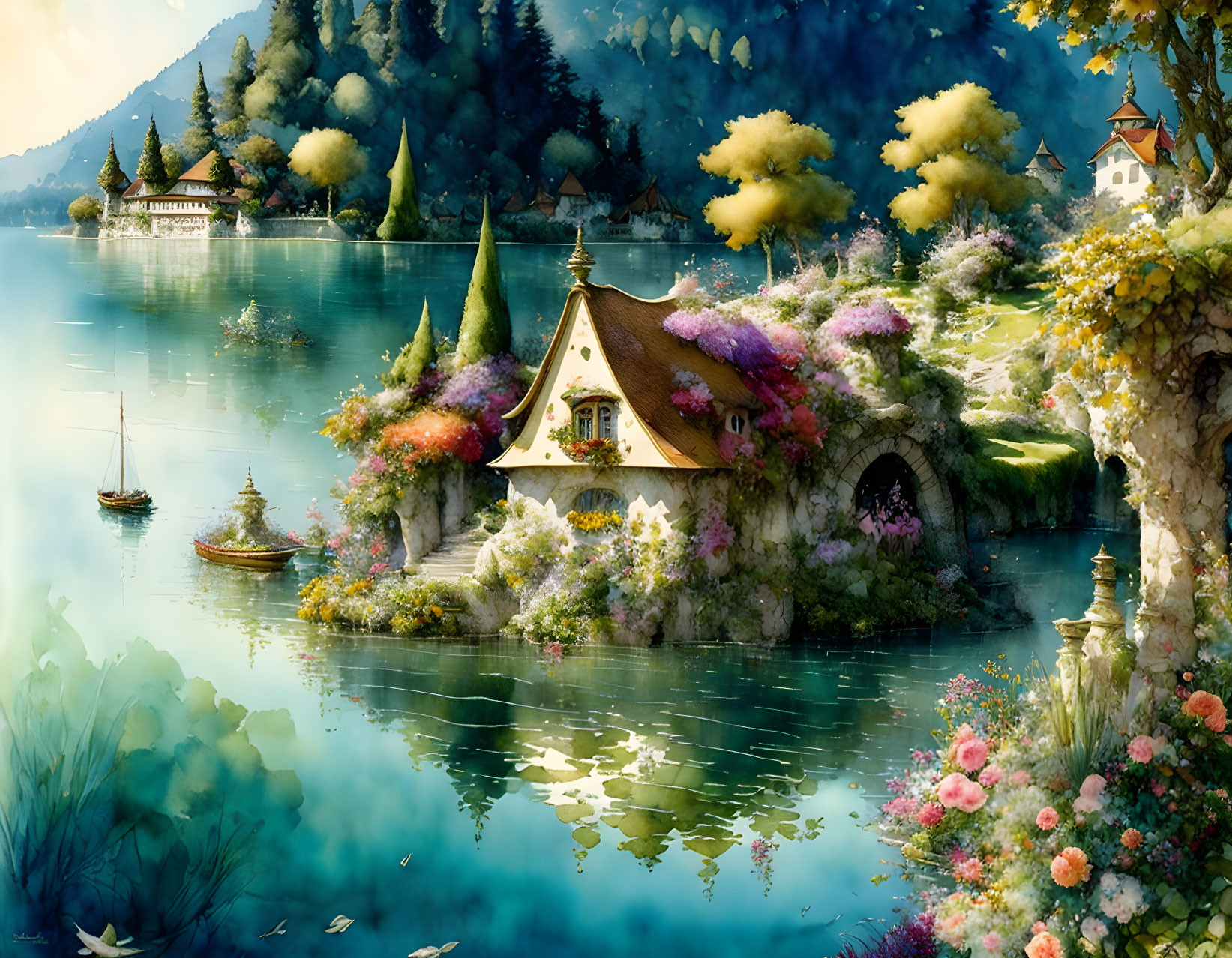 Tranquil fantasy landscape with quaint house, lake, boats, cottages, and lush greenery