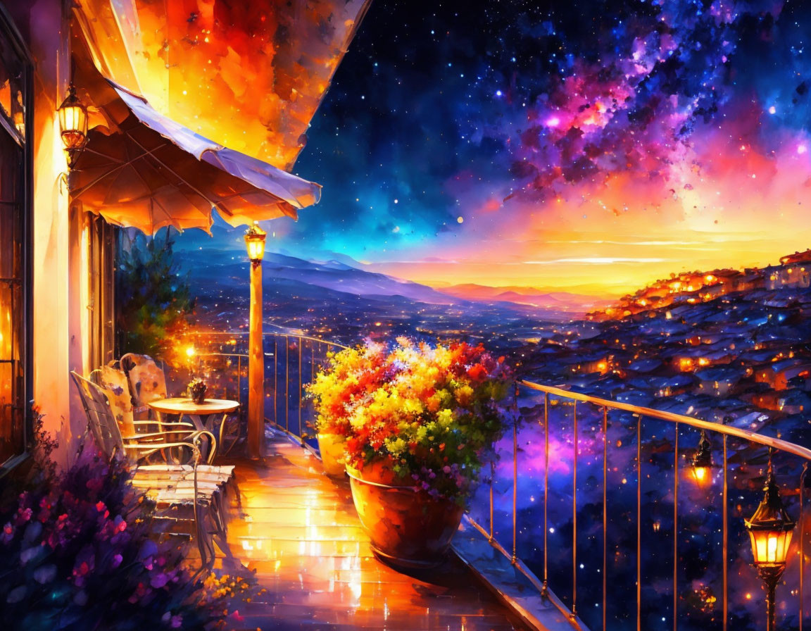 Colorful digital artwork of balcony with flowers under twilight sky and sunset.