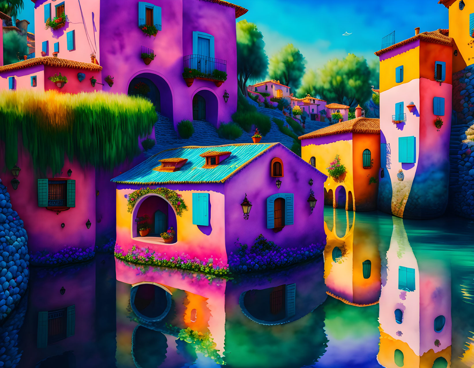 Whimsical village illustration with colorful buildings and tranquil waterway