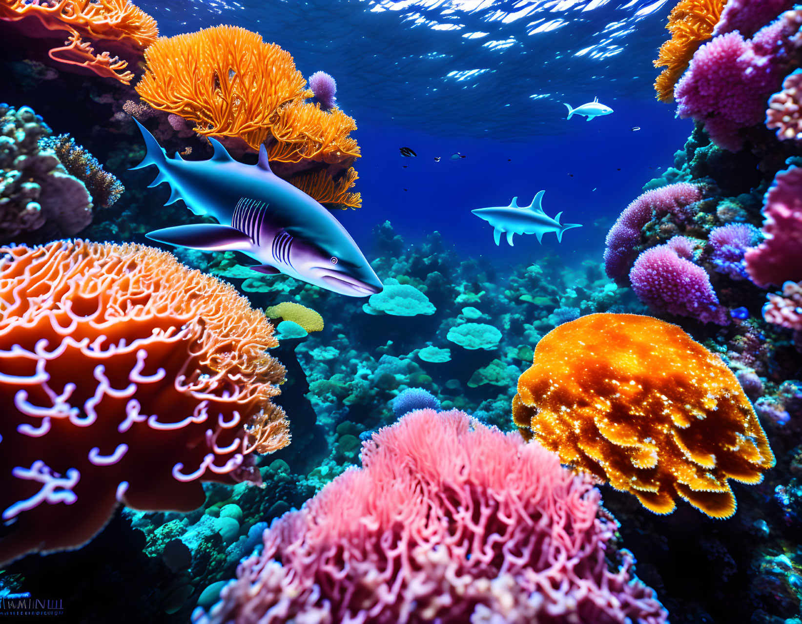 Colorful coral reef with swimming sharks in vibrant underwater scene