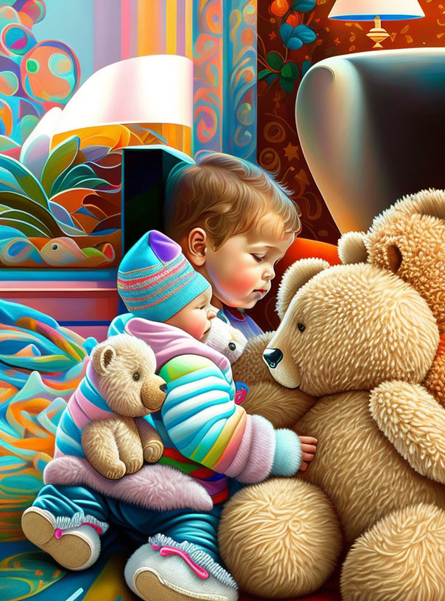 Child Sleeping Peacefully with Teddy Bear in Colorful Setting