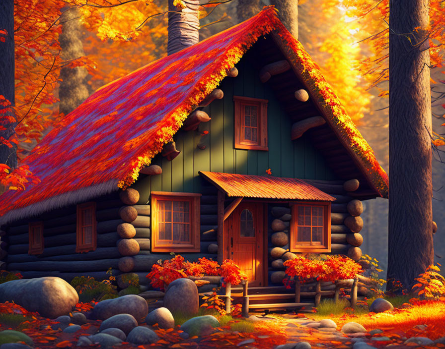 Rustic wooden cabin in autumn forest at sunset